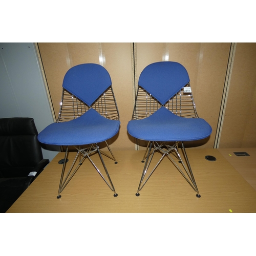 2419 - 2 x Eames style Bikini type chairs with blue upholstery and metal frames