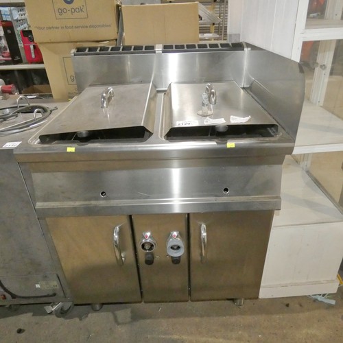 2129 - An industrial/commercial stainless steel gas fired twin basket deep fryer by Lotus, barely used - tr... 