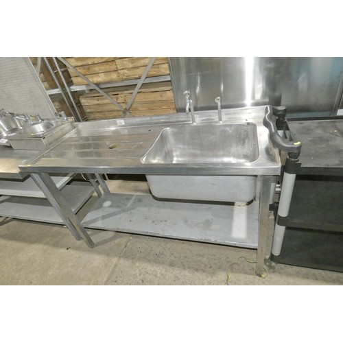 2166 - A commercial stainless steel deep single sink unit with shelf beneath approx 153x62cm