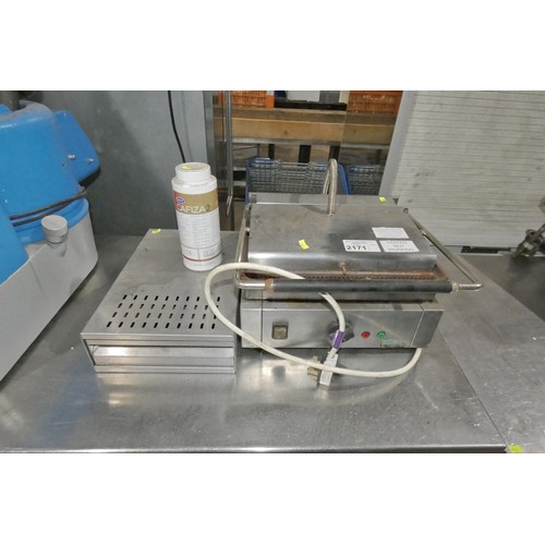 2171 - A commercial stainless steel contact grill, a coffee knock out box, please note the grill tripped th... 