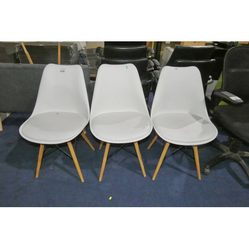 2358 - 3 x white plastic designer style dining / meeting room chairs with metal / wood frames. Please note ... 