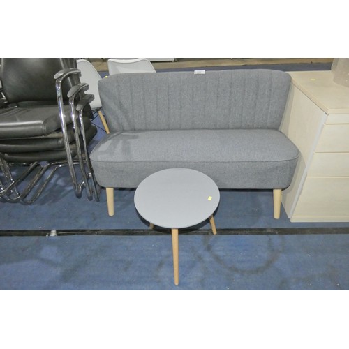 2373 - 1 x grey reception type sofa approx 115cm wide and 1 x round grey coffee table diameter approx 40cm