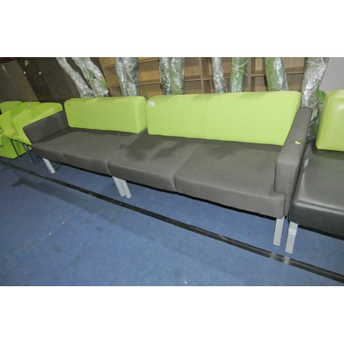 2378 - 2 x two tone upholstered reception type sofa both approx 135cm wide - black / green