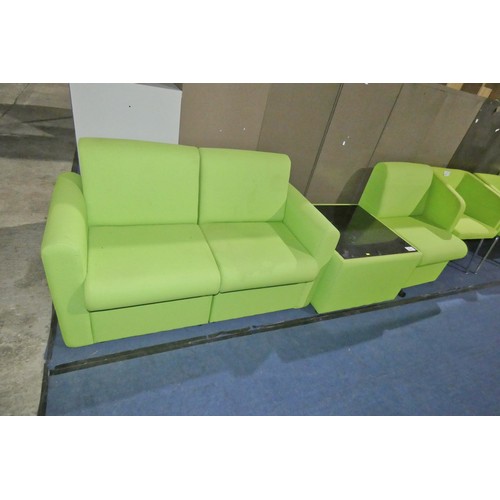 2380 - A lime green upholstered reception suite comprising 1 x sofa approx 130cm wide, 1 x matching chair a... 