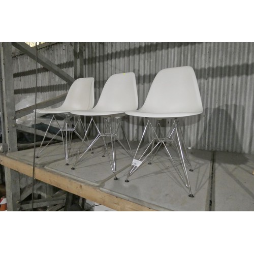 2383 - 3 x white plastic designer style dining / meeting room chairs with metal frames