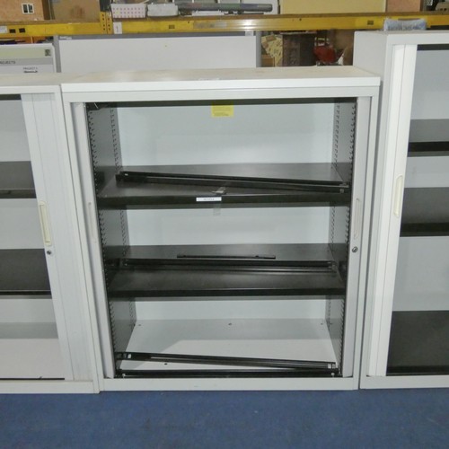 2389 - 1 x grey metal tambour front storage cabinet approx 100 x 47 x 118cm high