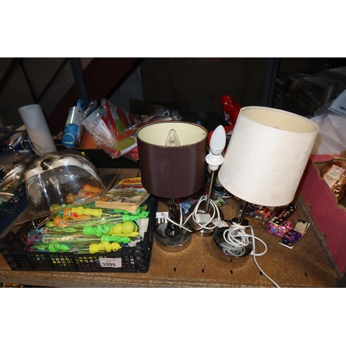 3205 - A quantity of various items including 3 x table lamps 240v, 2 x Storm Trooper masks, small inflatabl... 