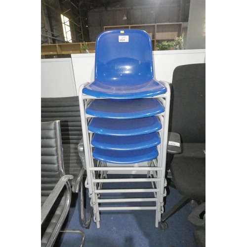 2428 - 5 x stacking metal framed chairs with blue plastic seats