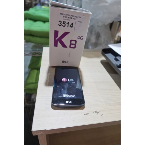 3514 - A smart touch screen mobile phone by LG type K8, 1.3ghz quad core processor, no charger or cable - t... 