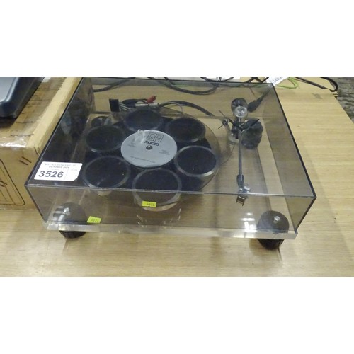 3526 - A vintage transparent JBE 3001 record player with a GA Audio sound disc, no power adapter - trade