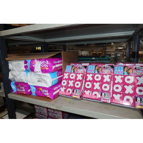 3613 - A quantity of nappy booster pads and tic tac toe games