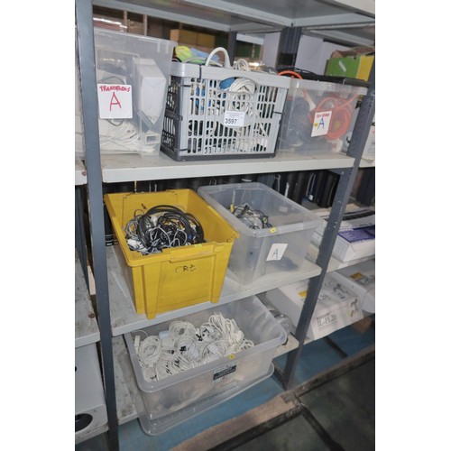 3597 - A quantity of various cables, electrical components etc. Contents of 3 shelves