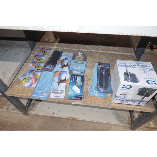 3635 - A quantity of various fish tank accessories including pumps, filter, stones etc. Contents of 1 shelf... 