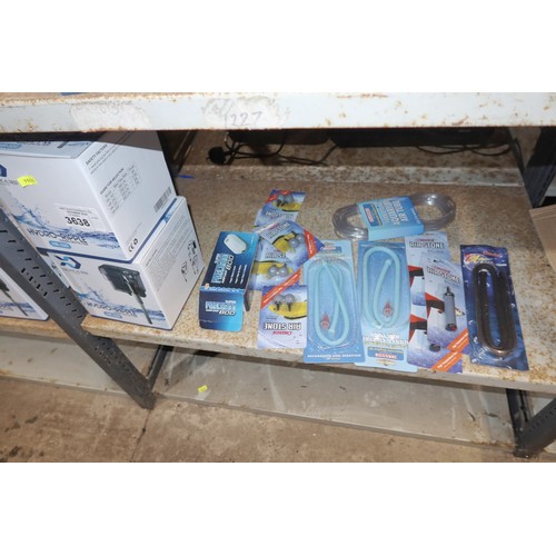 3638 - A quantity of various fish tank accessories including pumps, filter, stones etc. Contents of 1 shelf... 