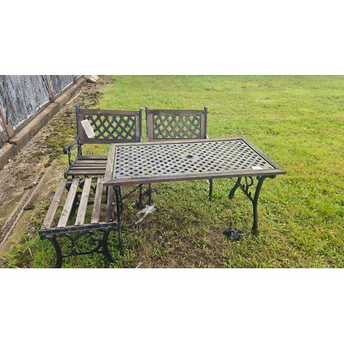 3690 - A decorative metal framed wooden table with 2 matching chairs & a stool