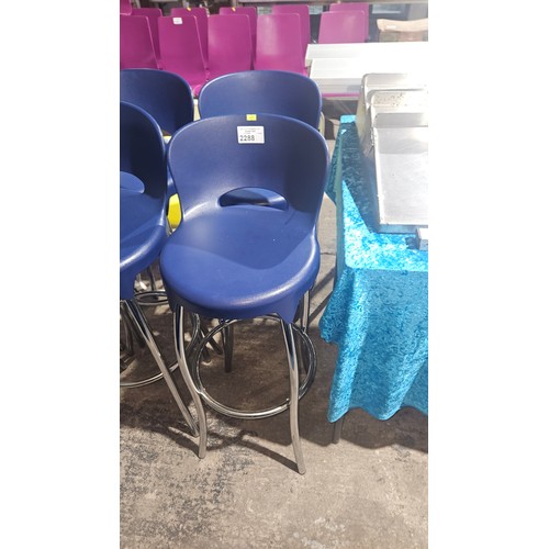 2288 - 2 tall metal framed stools with blue plastic seats