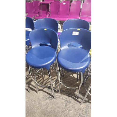 2289 - 4 tall metal framed stools with blue plastic seats