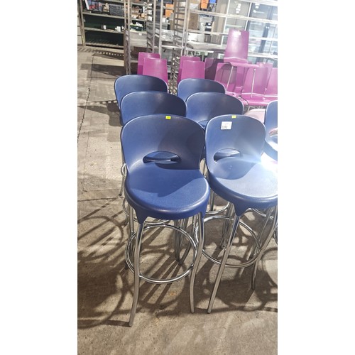 2292 - 6 tall metal framed stools with blue plastic seats