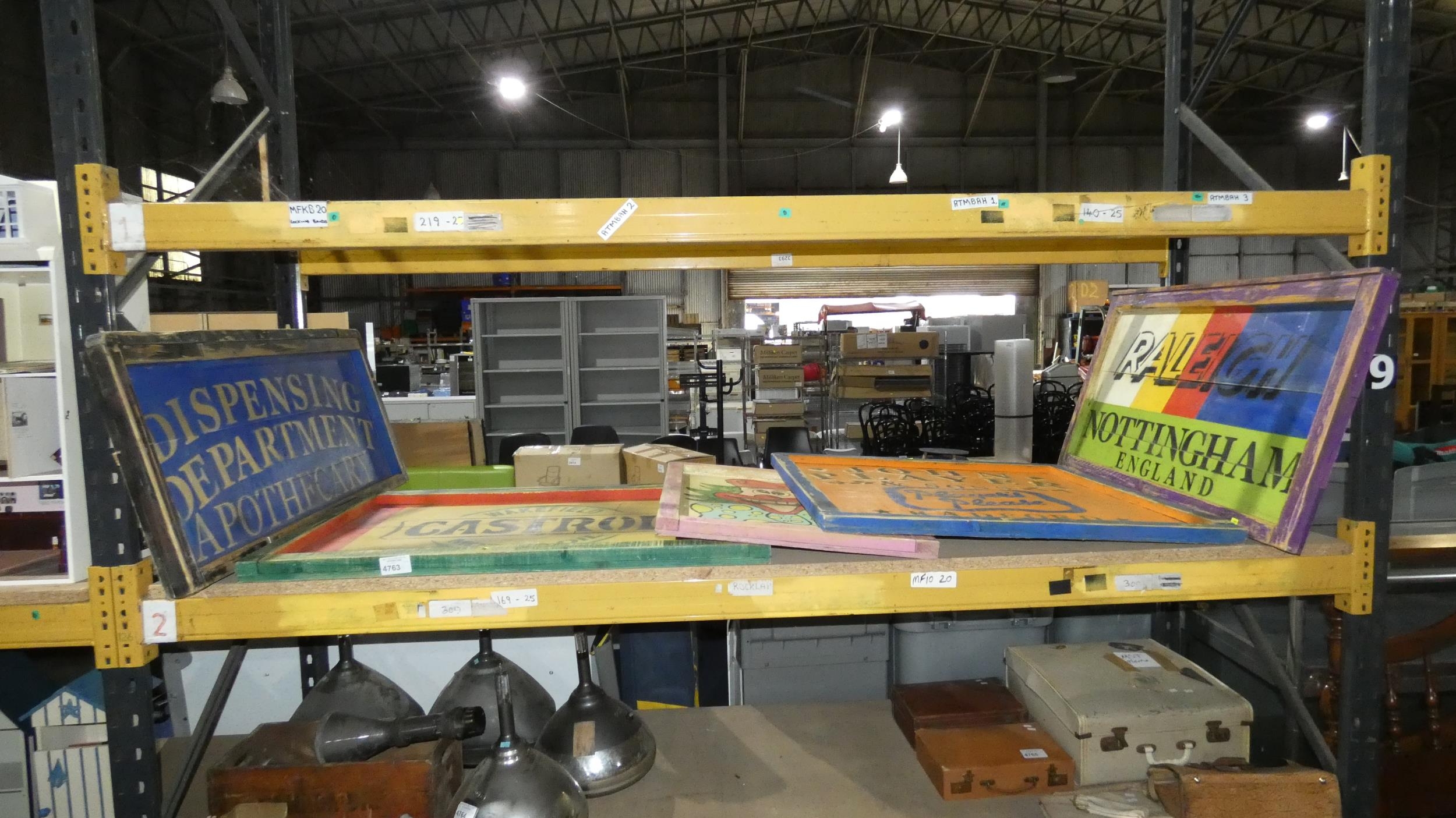 A collection of five vintage shabby chic style advertising boards (1 shelf)