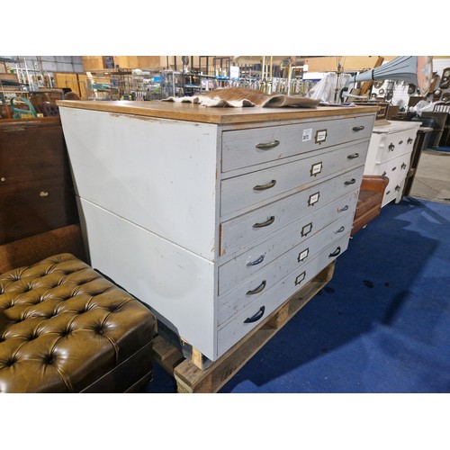 3072 - A grey painted two part 6 drawer plan chest with wooden top approx 115 x 91 x 86cm high. Please note... 