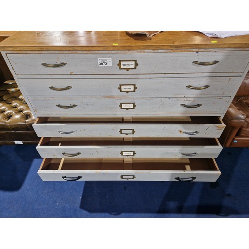 3072 - A grey painted two part 6 drawer plan chest with wooden top approx 115 x 91 x 86cm high. Please note... 