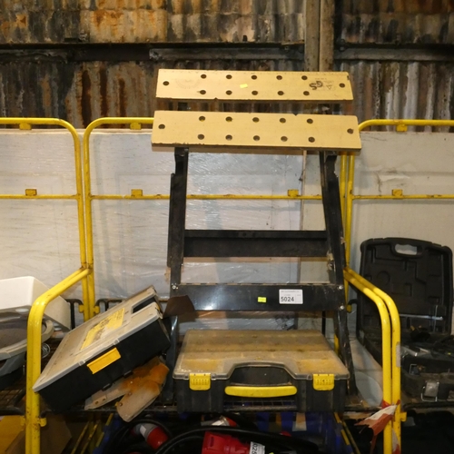 5024 - 1 x folding workmate type bench, 2 x parts storage boxes and 1 x tool belt. Contents of 1 shelf