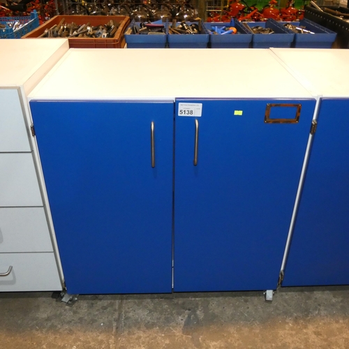 5138 - 1 x workshop white / blue wheeled two door cabinet approx 80 x 58 x 82cm high