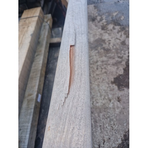 6197 - 1 x wooden (Iroko) gate measuring approx 276 cm wide - Please note there is some damage to the top r... 