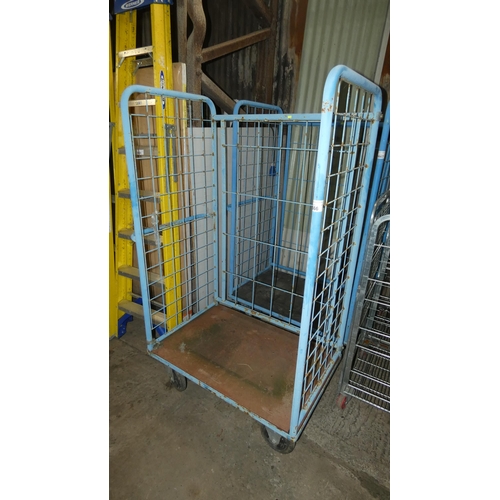 5666 - 1 x wheeled cage with 3 x blue metal mesh sides approx 103 x 69 x 179cm high