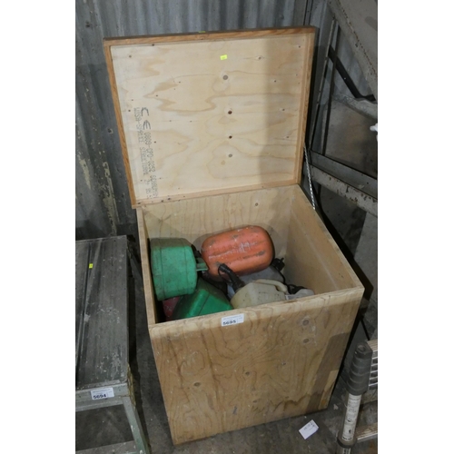 5695 - 1 wooden box approx 63 x 55 x 79cm high containing a quantity of various plastic fuel cans