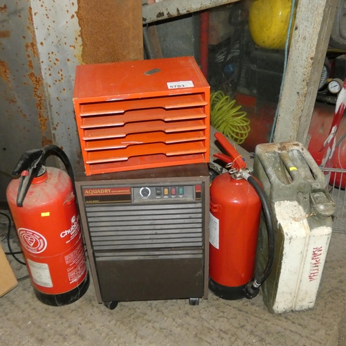 5703 - 1 x Aquadry dehumidifier 240v, 2 x fire extinguishers, 1 x jerry can and 1 x small orange metal offi... 