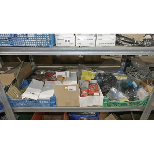 5549 - A quantity of various items including hinges, chair ferrules, drill bits etc. Contents of 1 shelf