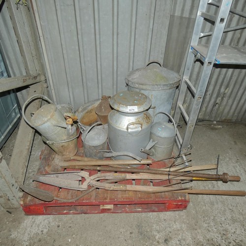 5679 - 1 pallet containing a quantity of various vintage items including a milk churn, a dust bin, watering... 