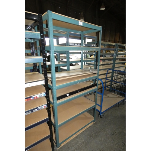 6015 - 1 bay of green metal boltless stores type racking mounted on a four wheeled skate, overall approx 90... 