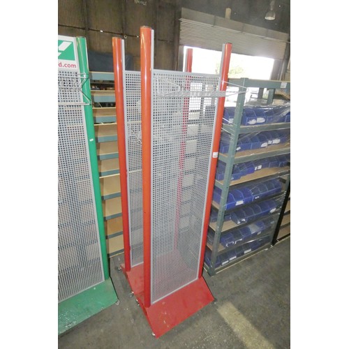 6007 - 2 x wheeled red metal grid display units both approx 204cm high x 57cm wide