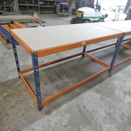 6034 - 1 x blue / orange metal warehouse type workbench with a chipboard top approx 180 x 90 x 93cm high. P... 