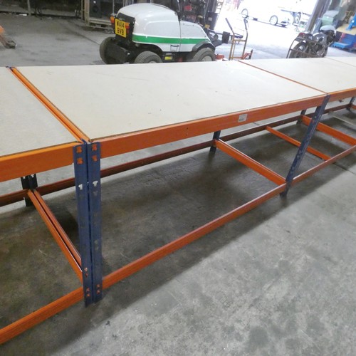 6035 - 1 x blue / orange metal warehouse type workbench with a chipboard top approx 180 x 90 x 93cm high. P... 