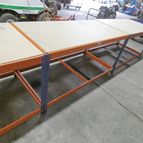 6036 - 1 x blue / orange metal warehouse type workbench with a chipboard top approx 180 x 90 x 93cm high. P... 