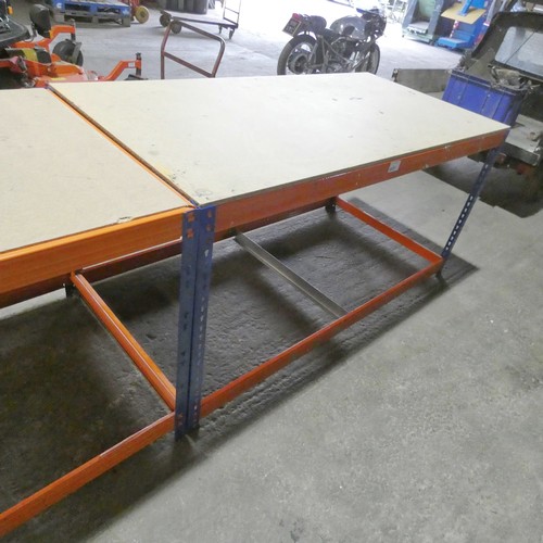 6037 - 1 x blue / orange metal warehouse type workbench with a chipboard top approx 180 x 90 x 93cm high. P... 