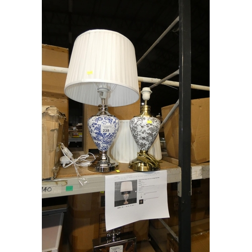 239 - 2 x Bostrom 57cm classic Toile De Jouy vintage style ceramic / metal table lamps 240v with 2 x shade... 