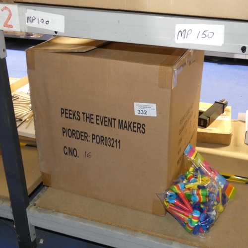 332 - 1 box containing 24 packs of party blowers (each pack contains 50 party blowers)