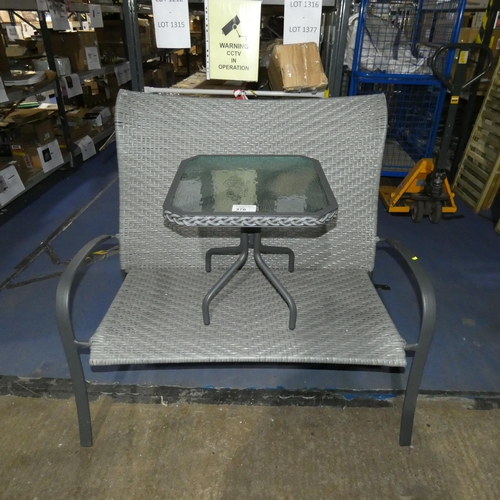 376 - A grey synthetic rattan two person garden bench approx 116cm wide and 1 x matching coffee table. Ple... 