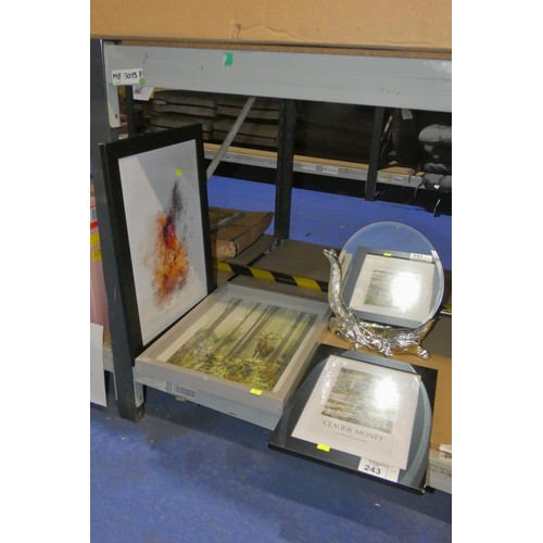 243 - 1 x Minister plated beveled mirror approx 25 x 30cm and 3 x various small framed prints - Details as... 