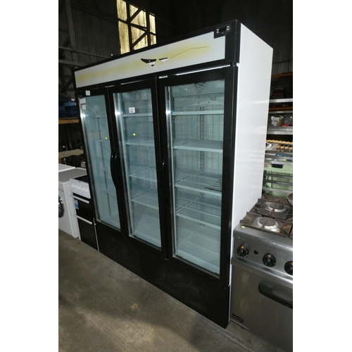 1188 - A commercial wide 3 door display fridge by Tefcold, unit has a broken advertising section - trade. T... 