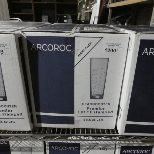 1200 - A box of 48 CE Stamped 1 pint headbooster glasses by Arcoroc, unopened