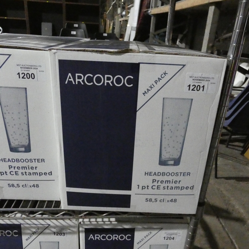 1201 - A box of 48 CE Stamped 1 pint headbooster glasses by Arcoroc, unopened