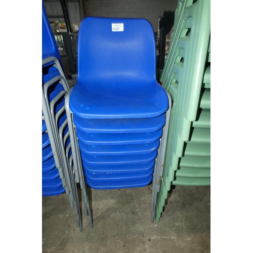 1227 - 8 x stacking blue plastic metal framed chairs