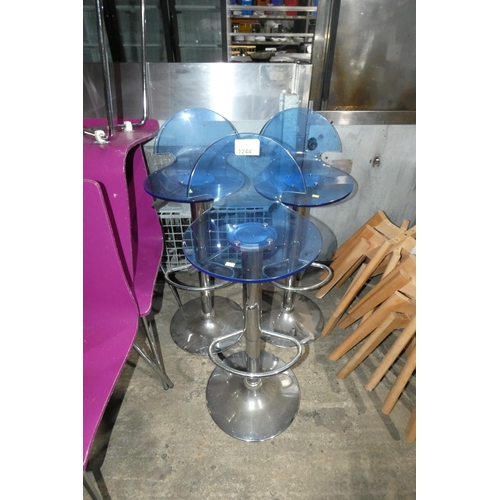 1244 - 3 x height adjustable stools with light blue plastic seats