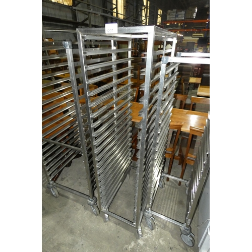 1297 - A commercial stainless steel mobile 20 tray rack, tray dimensions are approx : 350x700mm