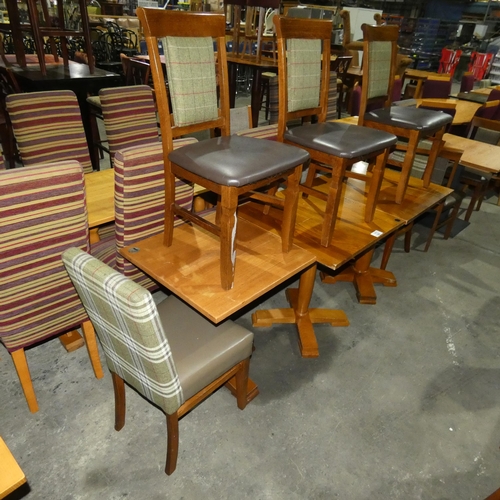 1309 - 3 square wooden restaurant/pub type tables with 4 matching brown upholstered dining chairs